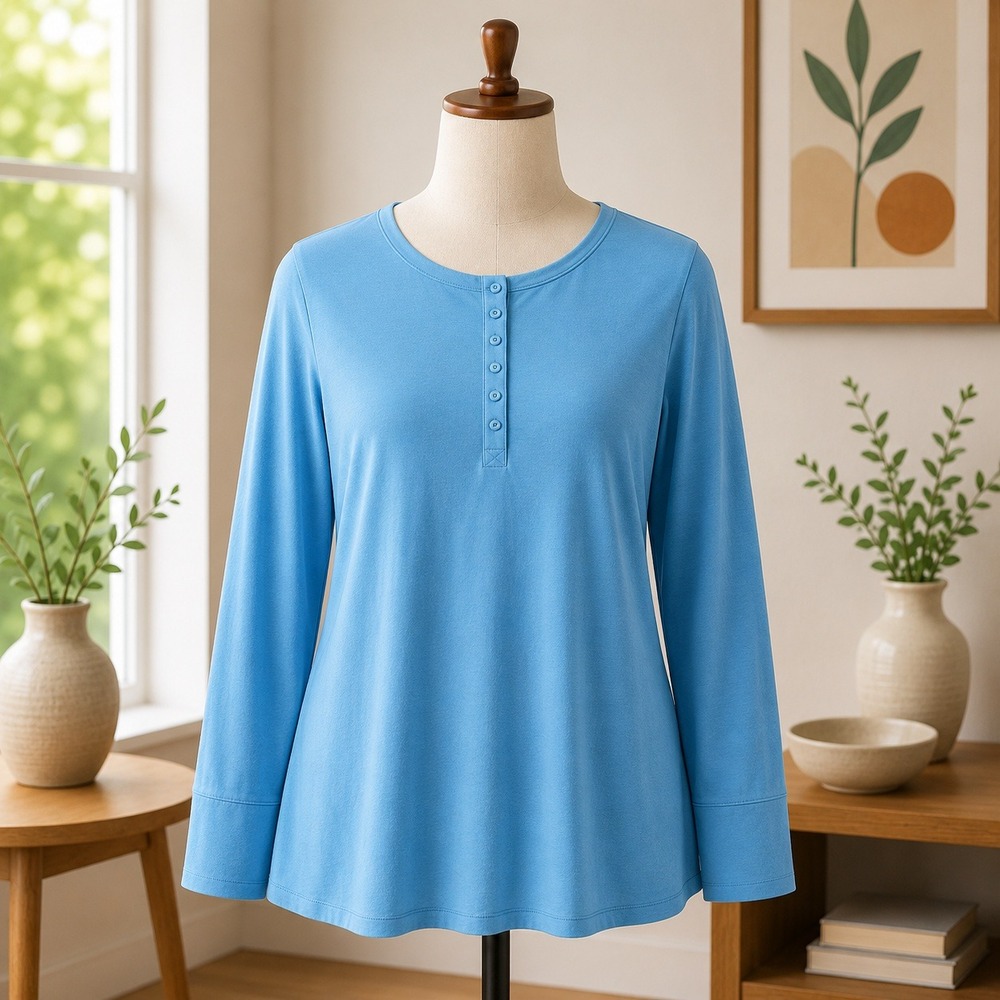 LOGO Principles Lori Goldstein Womens 1X Blue Long Sleeve Henley Button Top